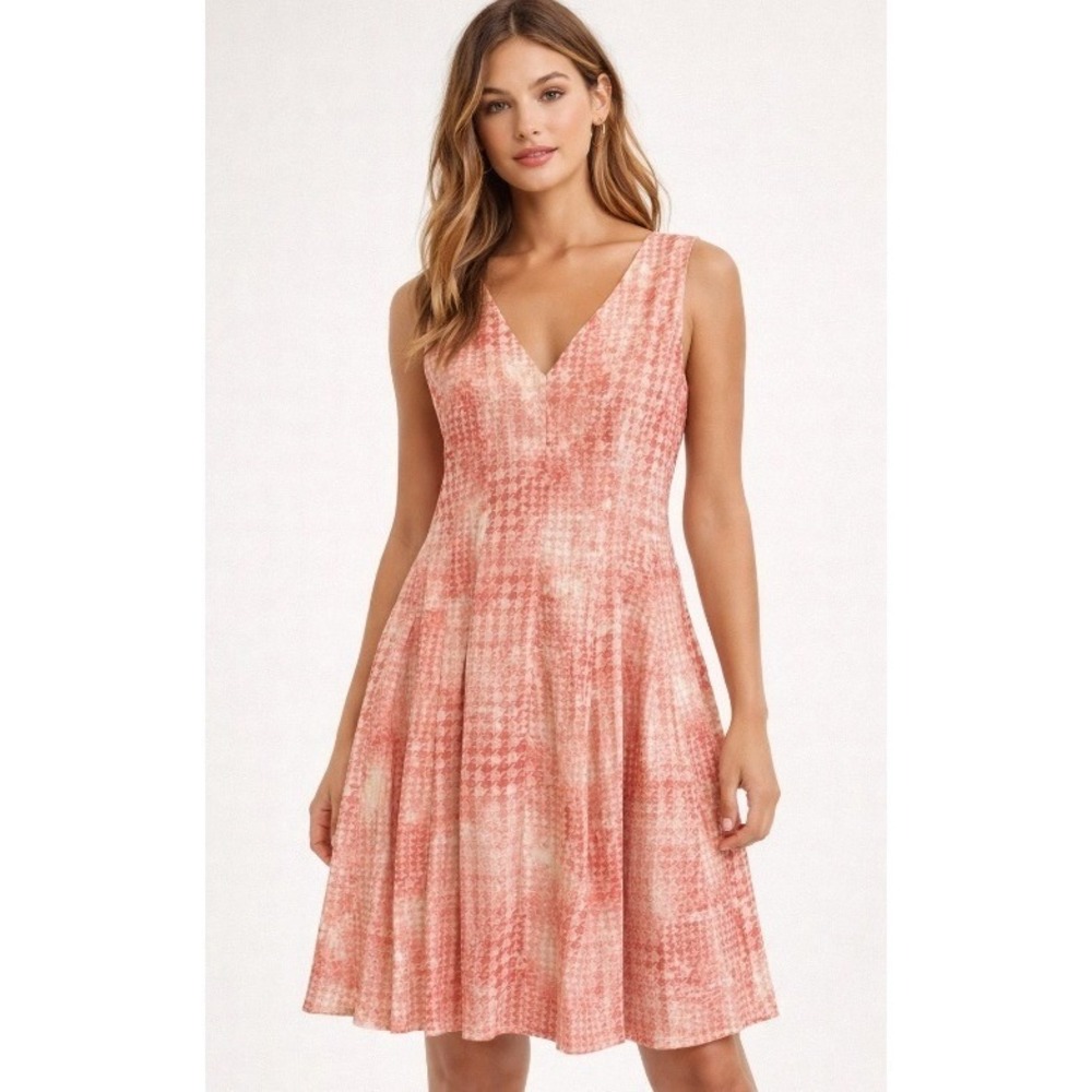 Anne Klein Coral Houndstooth V-Neck Fit & Flare Pleated Dress Size 12 Sleeveless